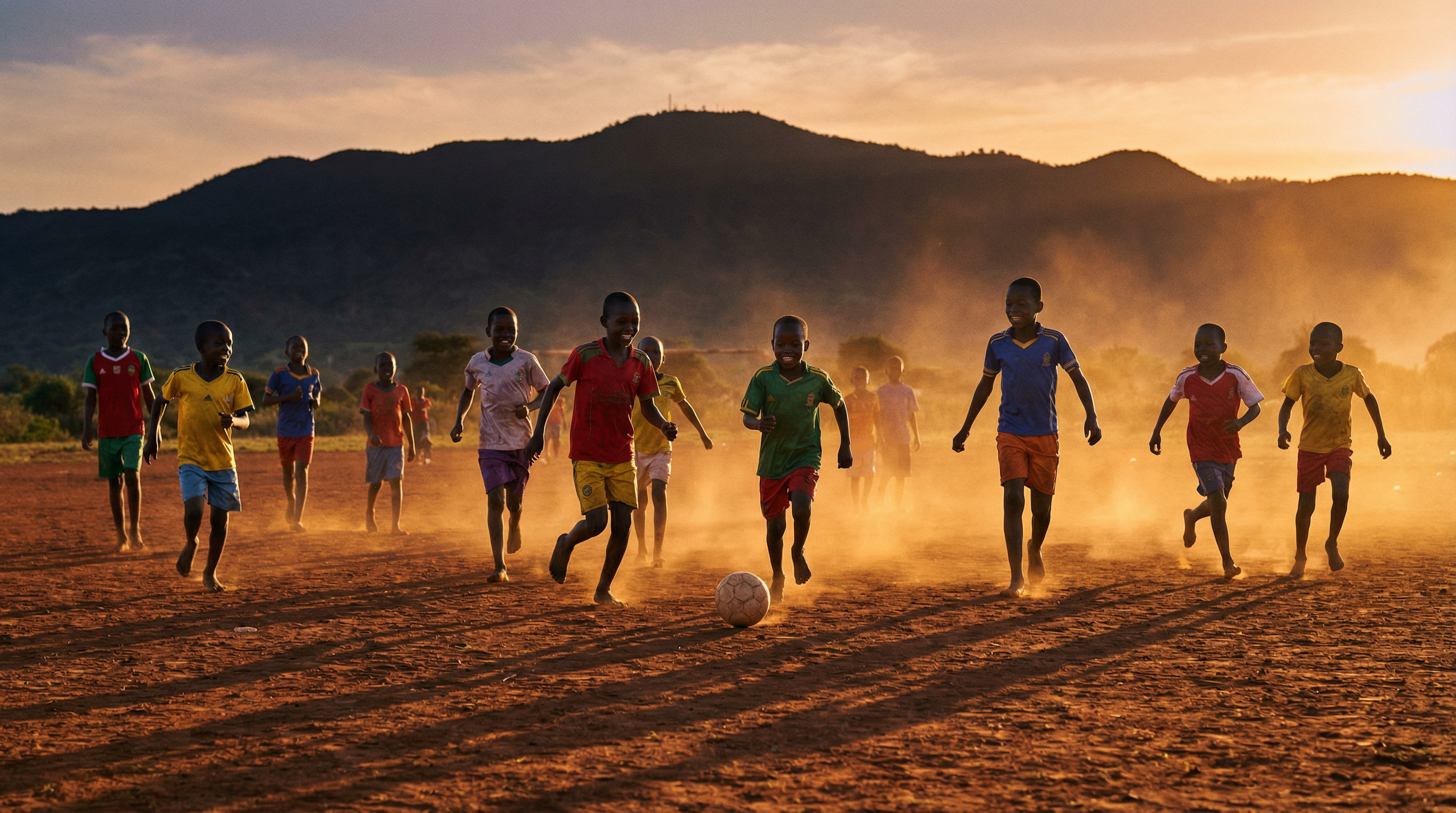 Children playing football at sunset in Vet-Ngong